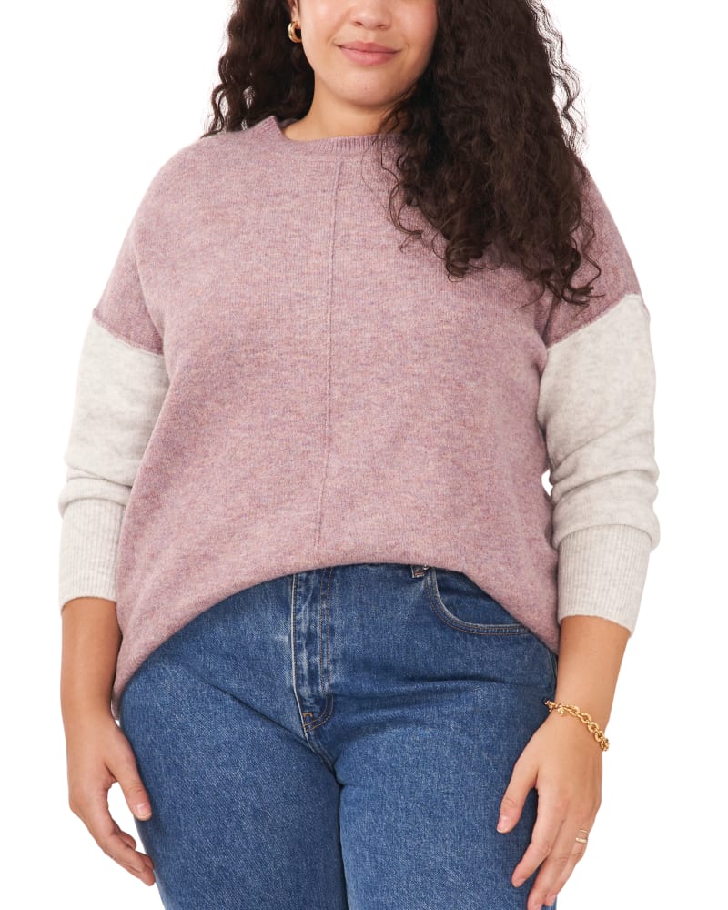 Front of a model wearing a size 1X Layla Colorblock Sleeve Sweater in HEATHER PURPLE by Vince Camuto. | dia_product_style_image_id:261370